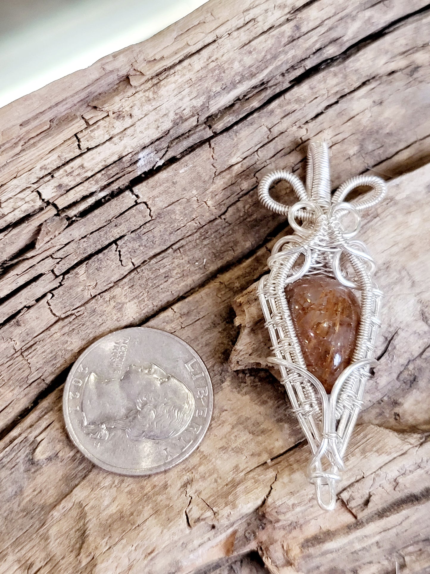 Rutilated Quartz and Silver Wire Wrapped Pendant Necklace