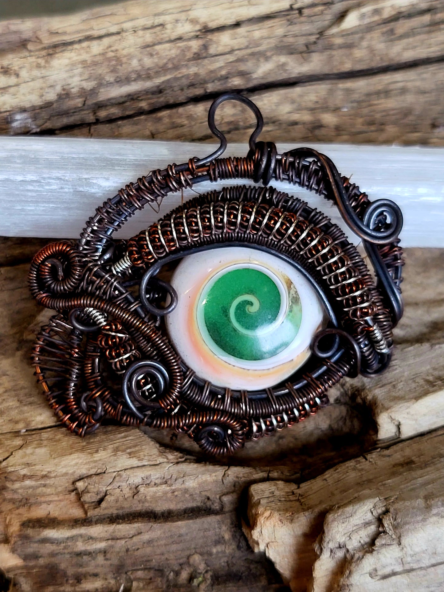 Shiva Eye Shell Copper Wire Wrapped Pendant Necklace