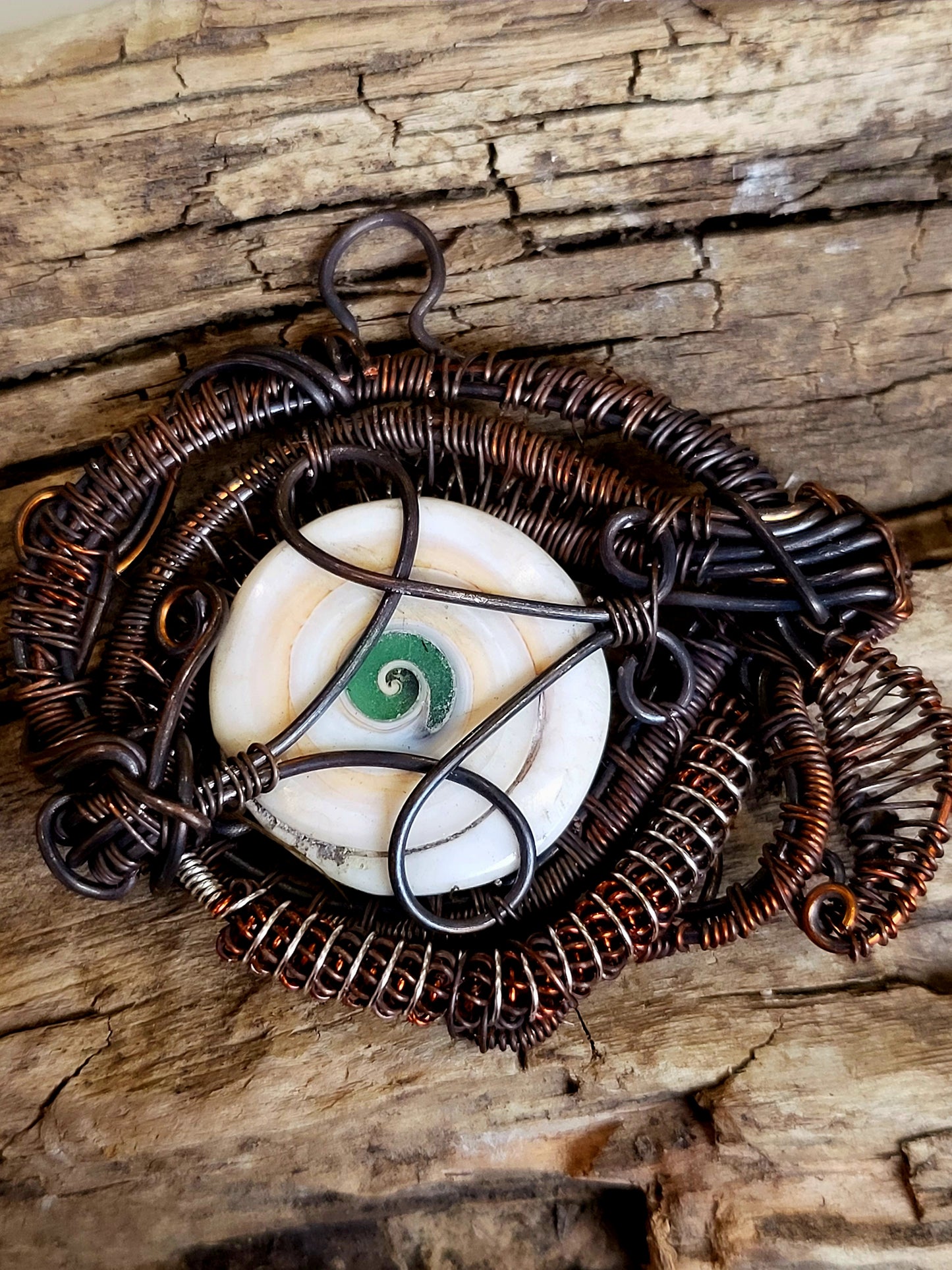 Shiva Eye Shell Copper Wire Wrapped Pendant Necklace