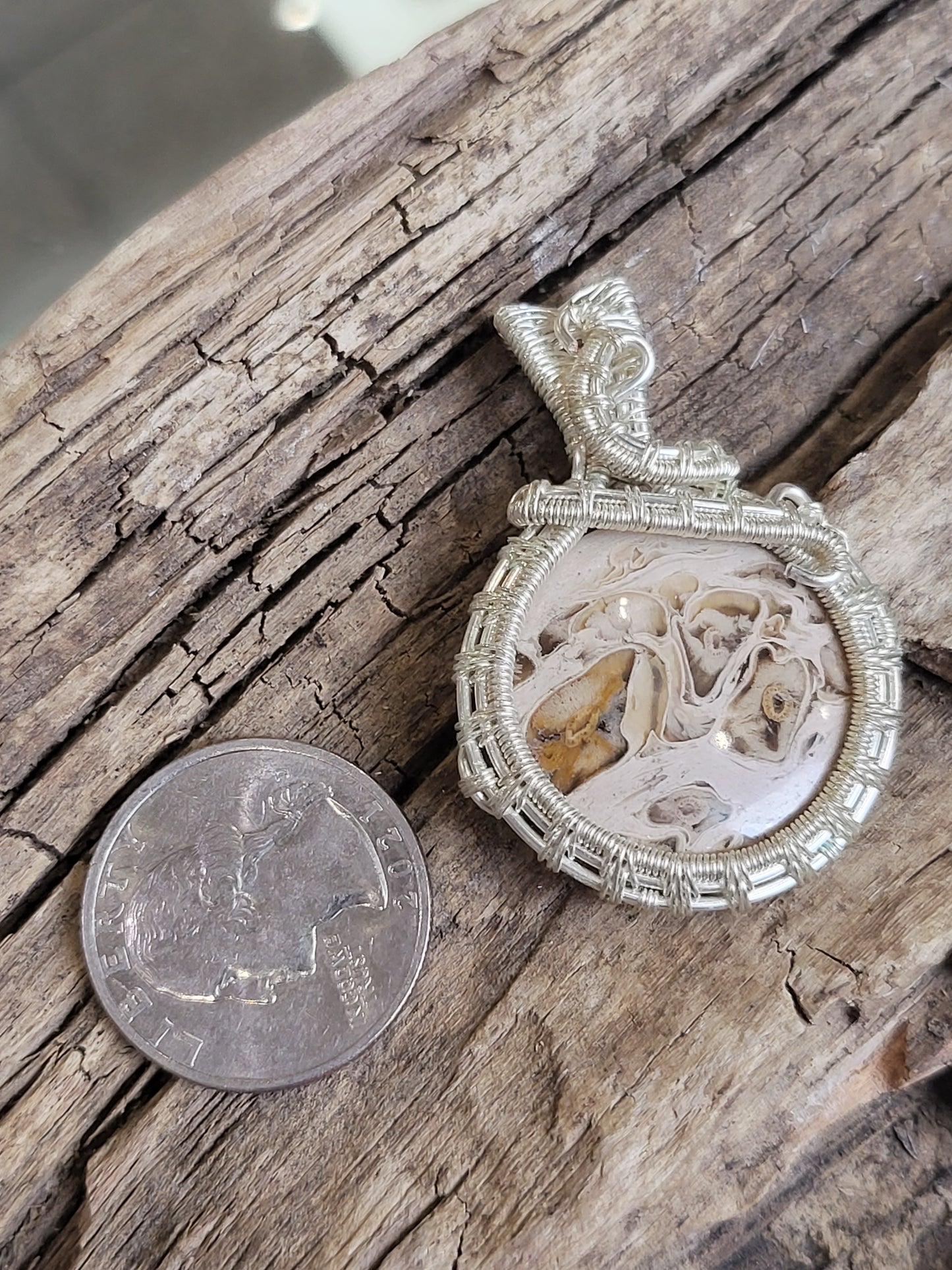 Fossilized Palm Root and Silver Wire Wrapped Necklace