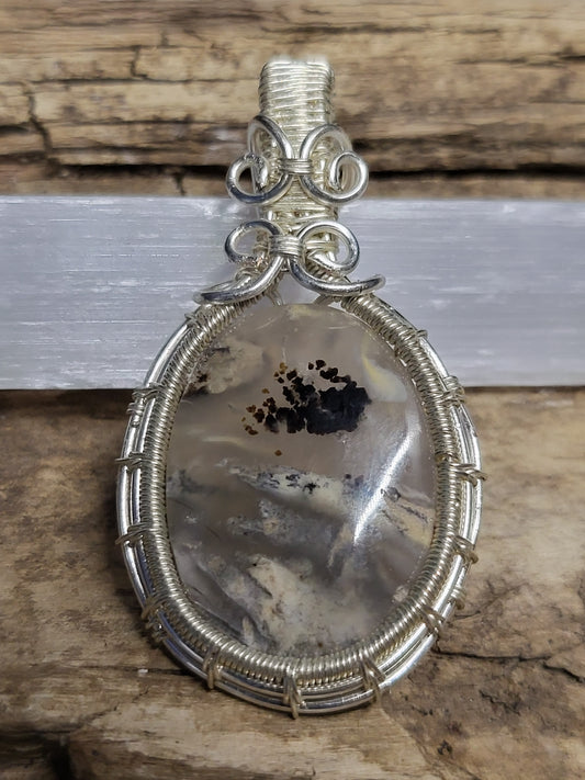 Moss agate and Silver Wire Wrapped Pendant Necklace