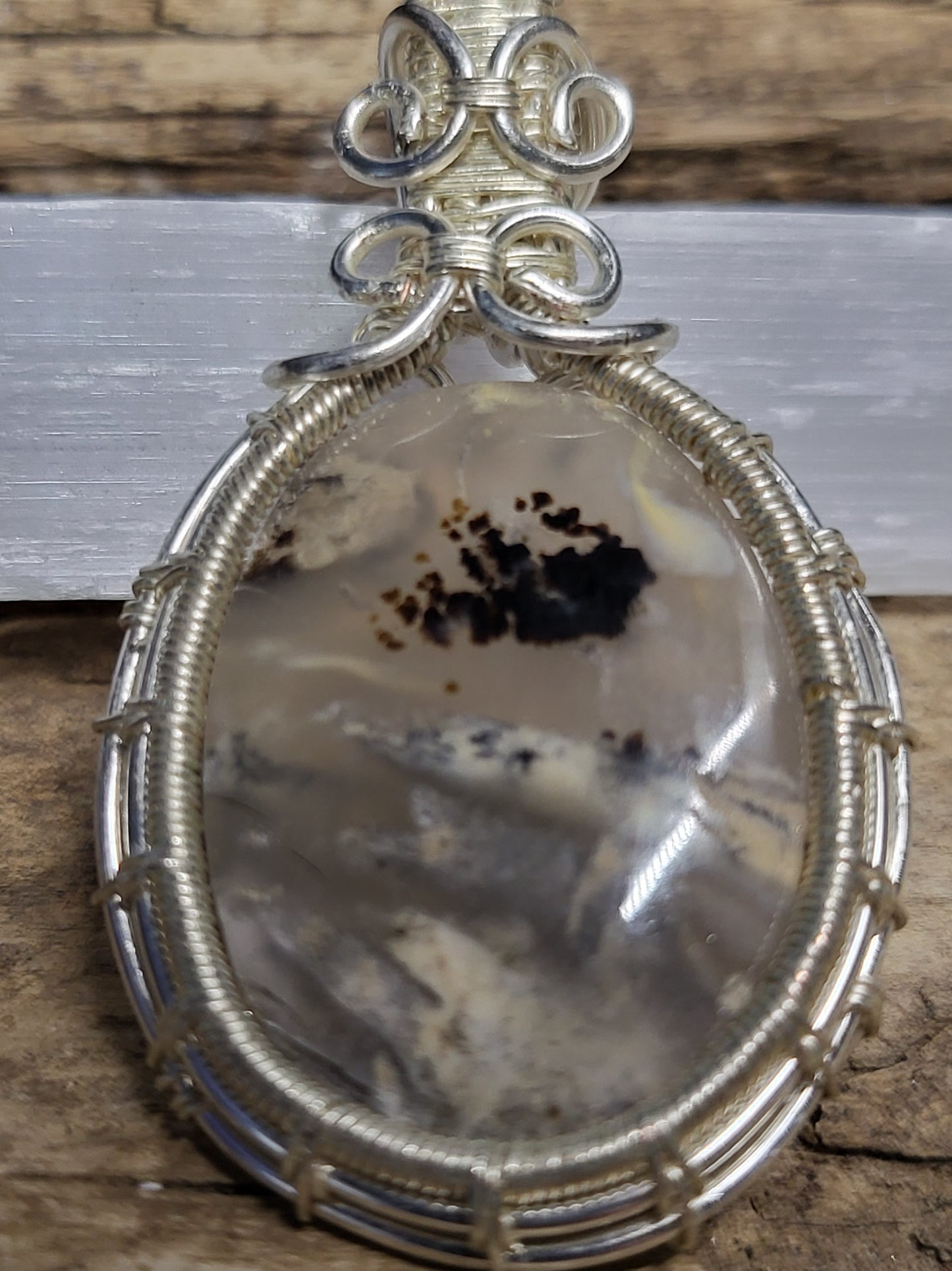 Moss agate and Silver Wire Wrapped Pendant Necklace