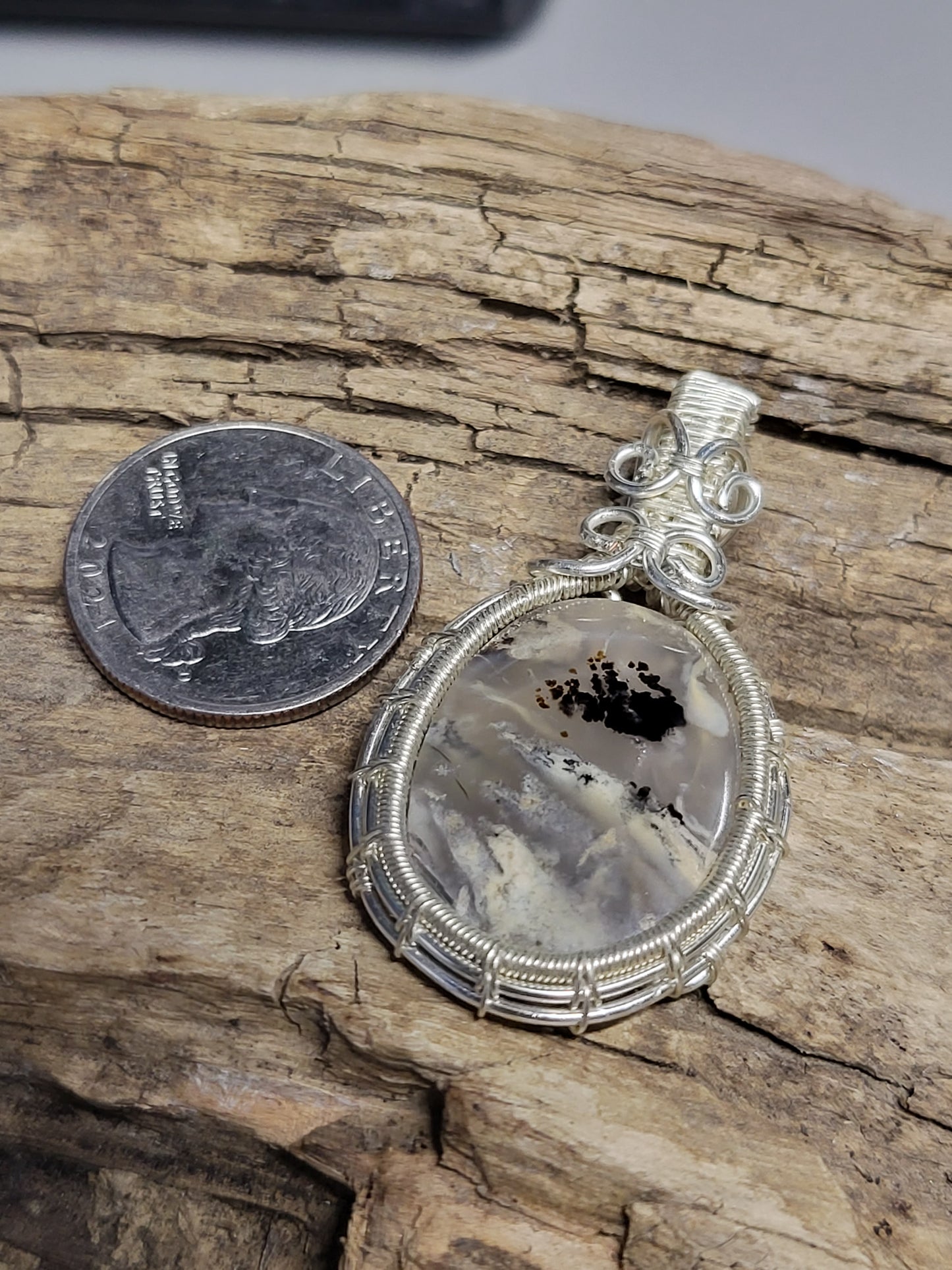 Moss agate and Silver Wire Wrapped Pendant Necklace