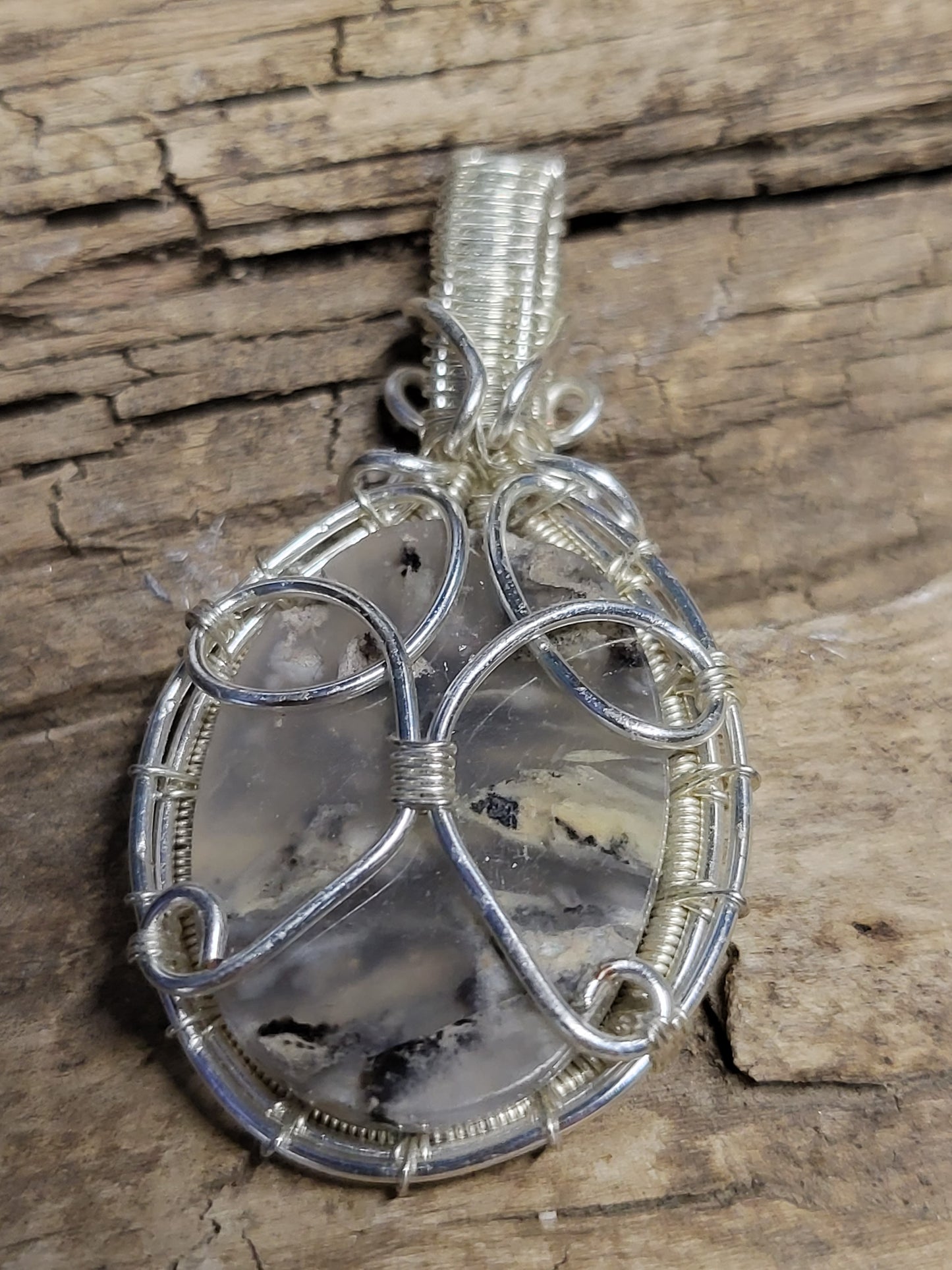 Moss agate and Silver Wire Wrapped Pendant Necklace