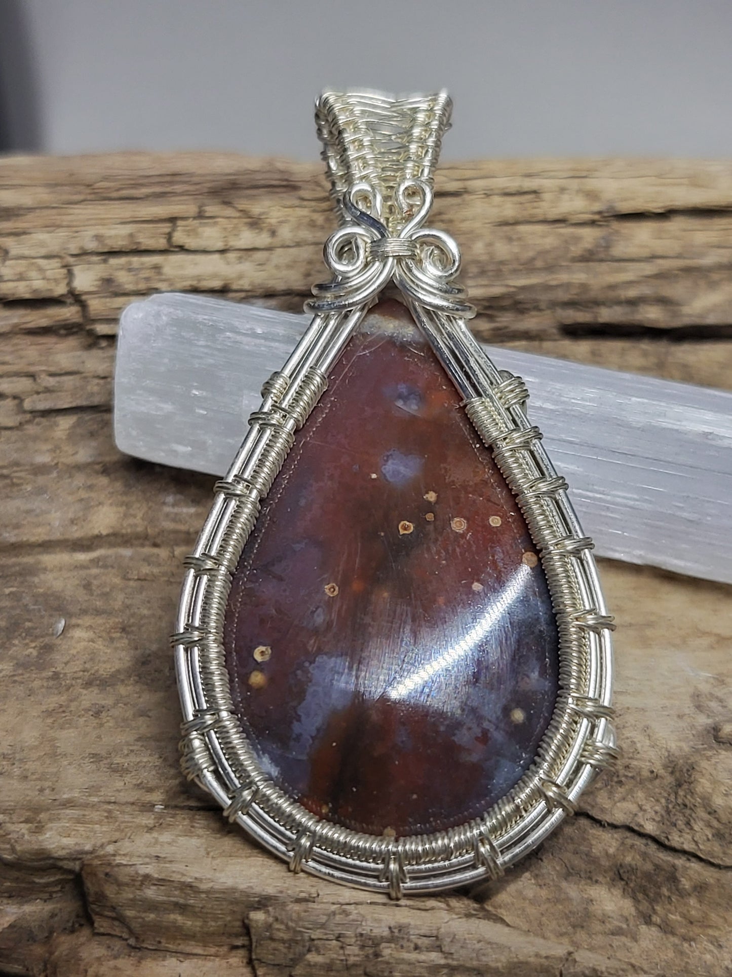 Ocean Jasper Silver Wire Wrapped Pendant Necklace