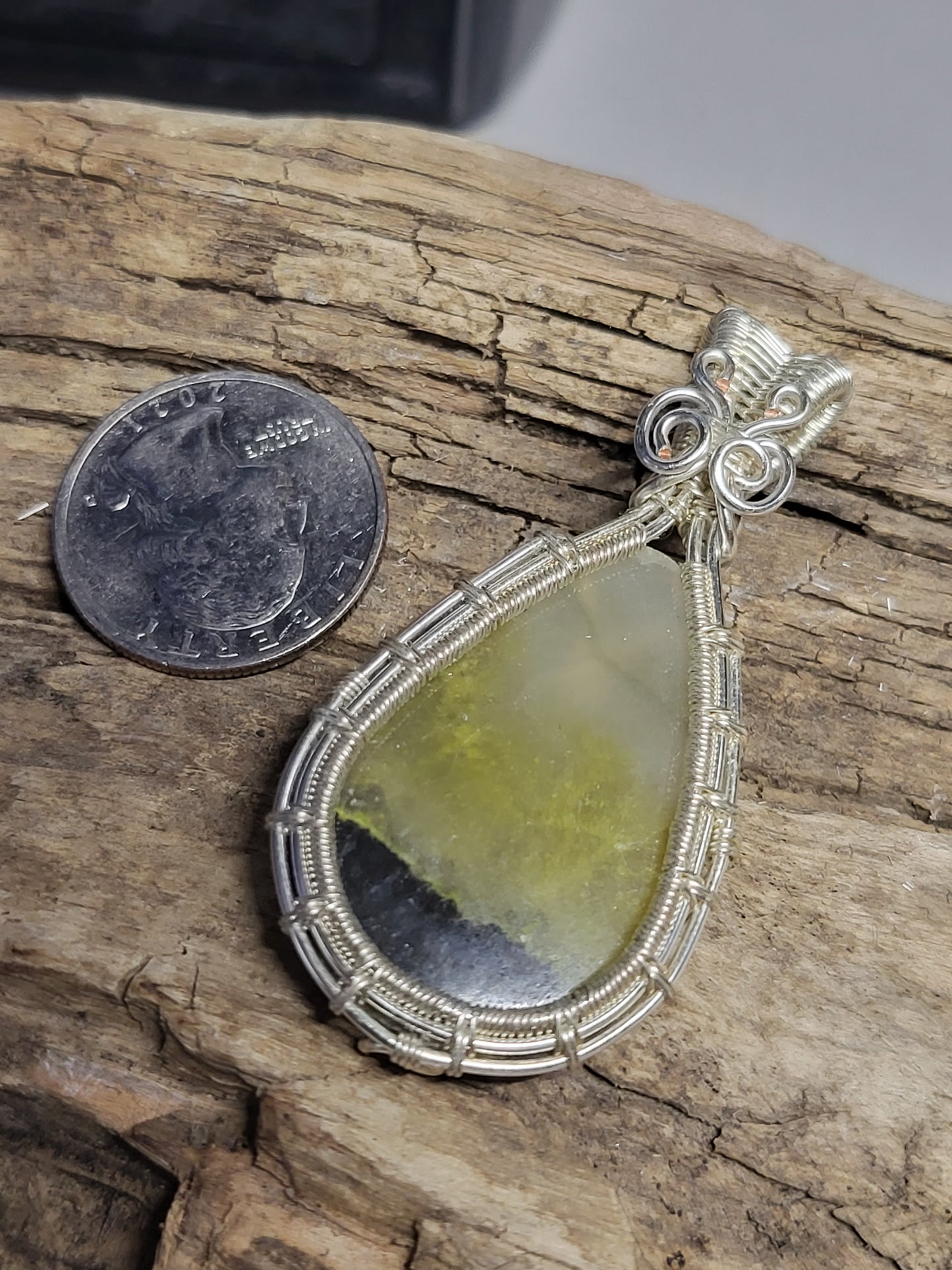 Fossilized Palm Root and Silver Wire Wrapped Pendant Necklace