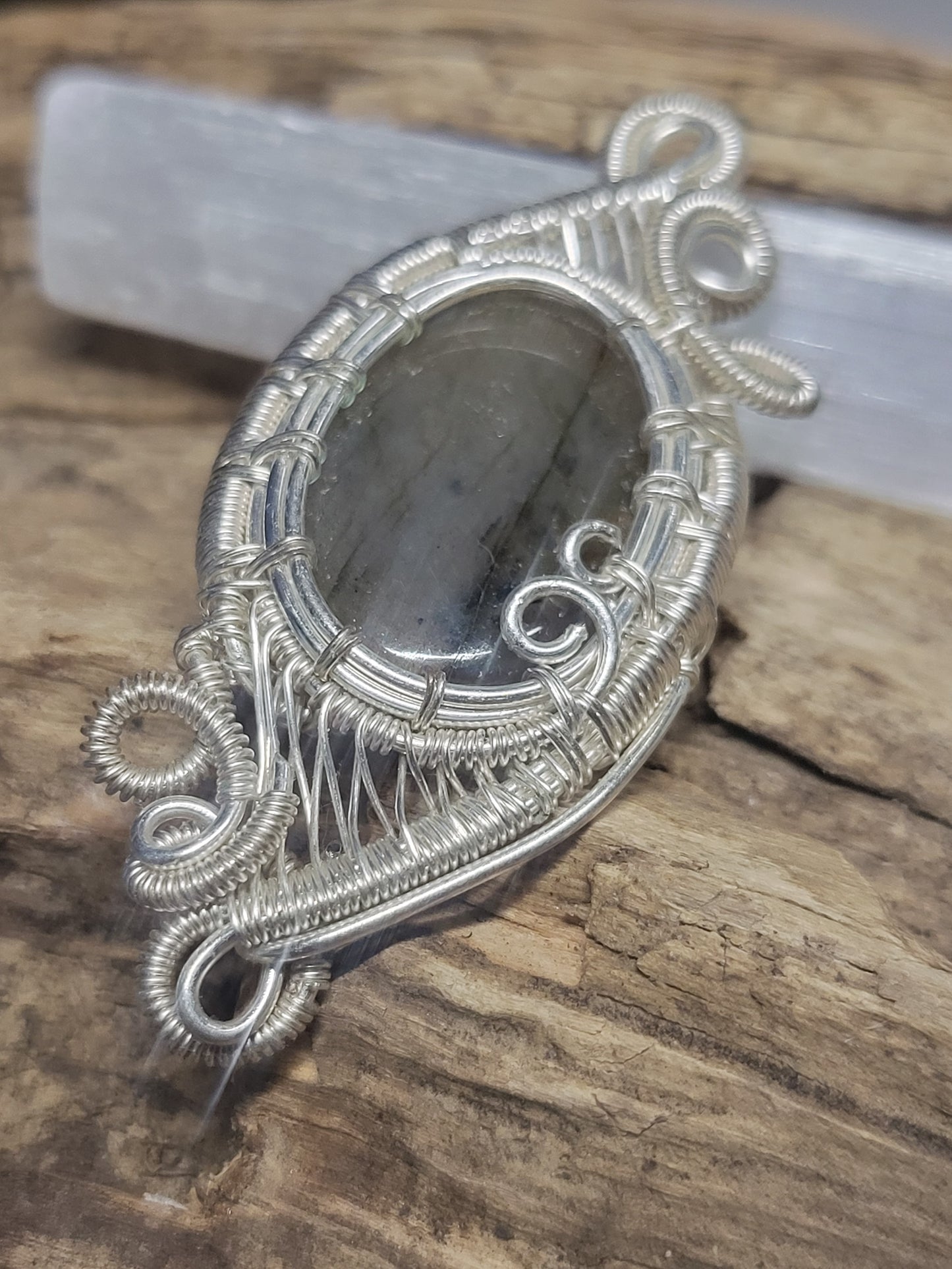 Labradorite and Silver Wire Wrapped Pendant Necklace