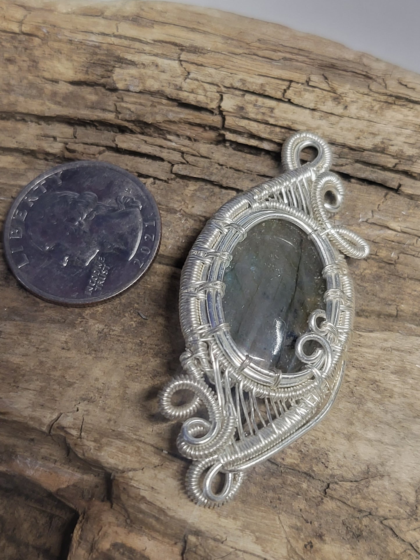 Labradorite and Silver Wire Wrapped Pendant Necklace