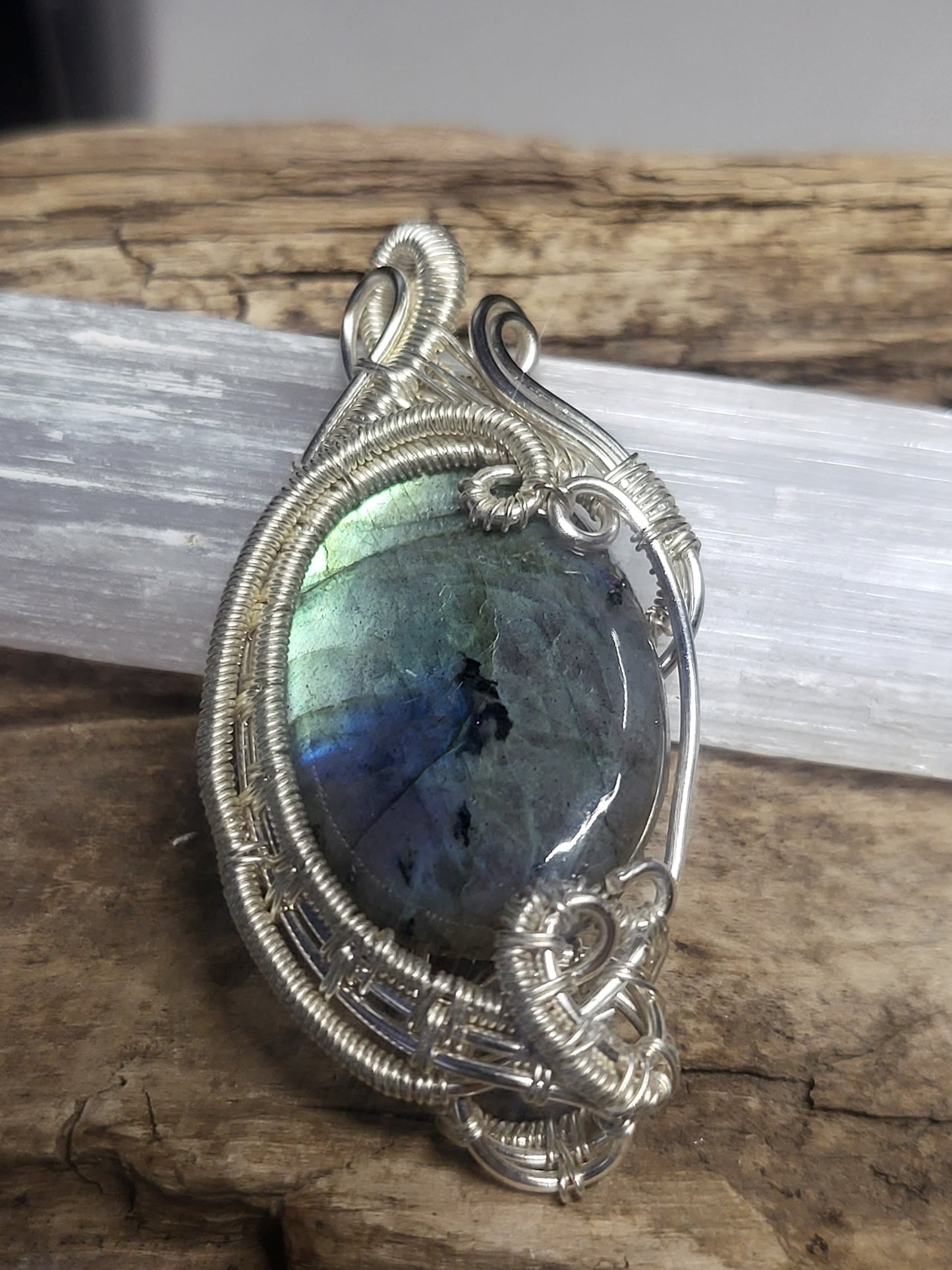 Labradorite and Silver Wire Wrapped Pendant Necklace