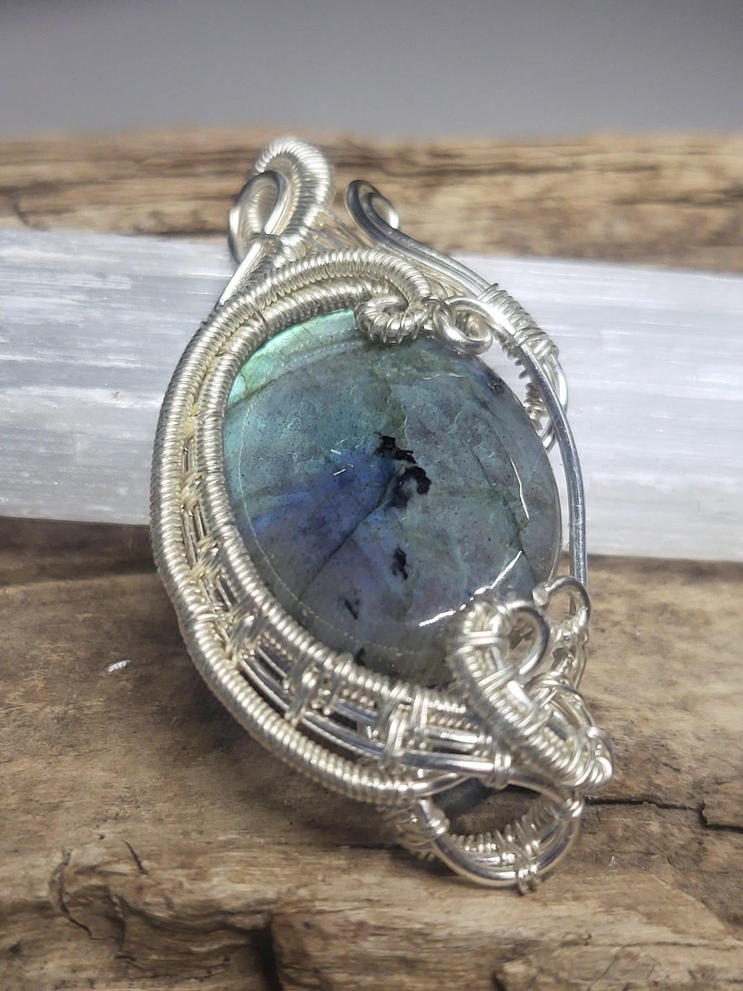 Labradorite and Silver Wire Wrapped Pendant Necklace