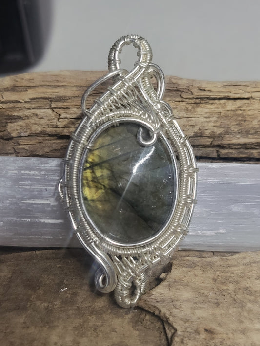 Labradorite and Silver Wire Wrapped Pendant Necklace