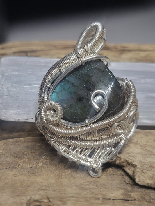 Labradorite and Silver Wire Wrapped Pendant Necklace