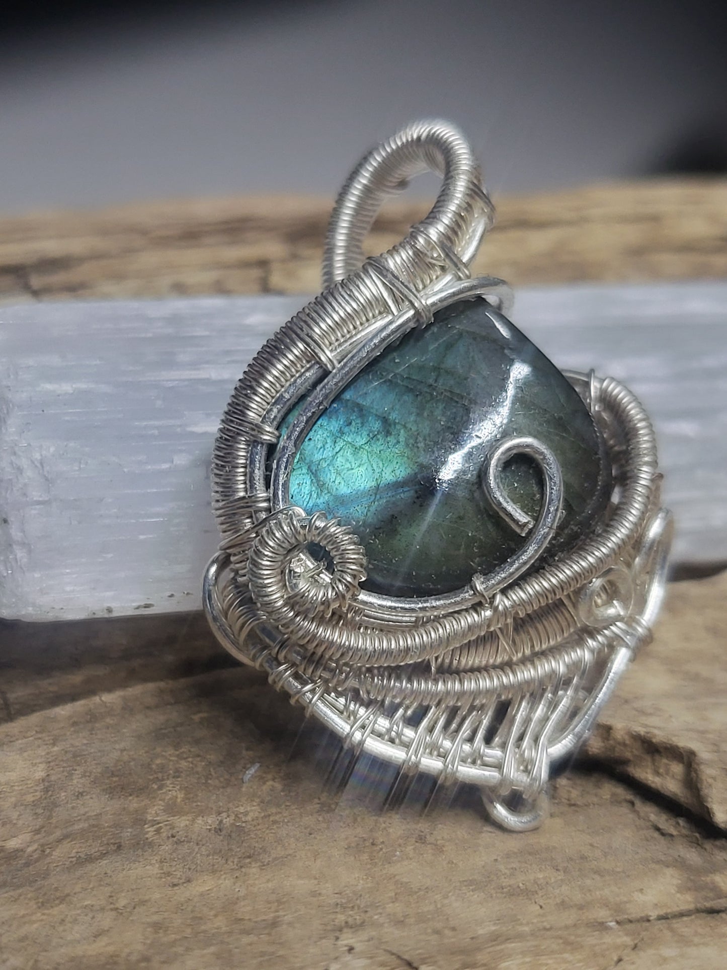 Labradorite and Silver Wire Wrapped Pendant Necklace