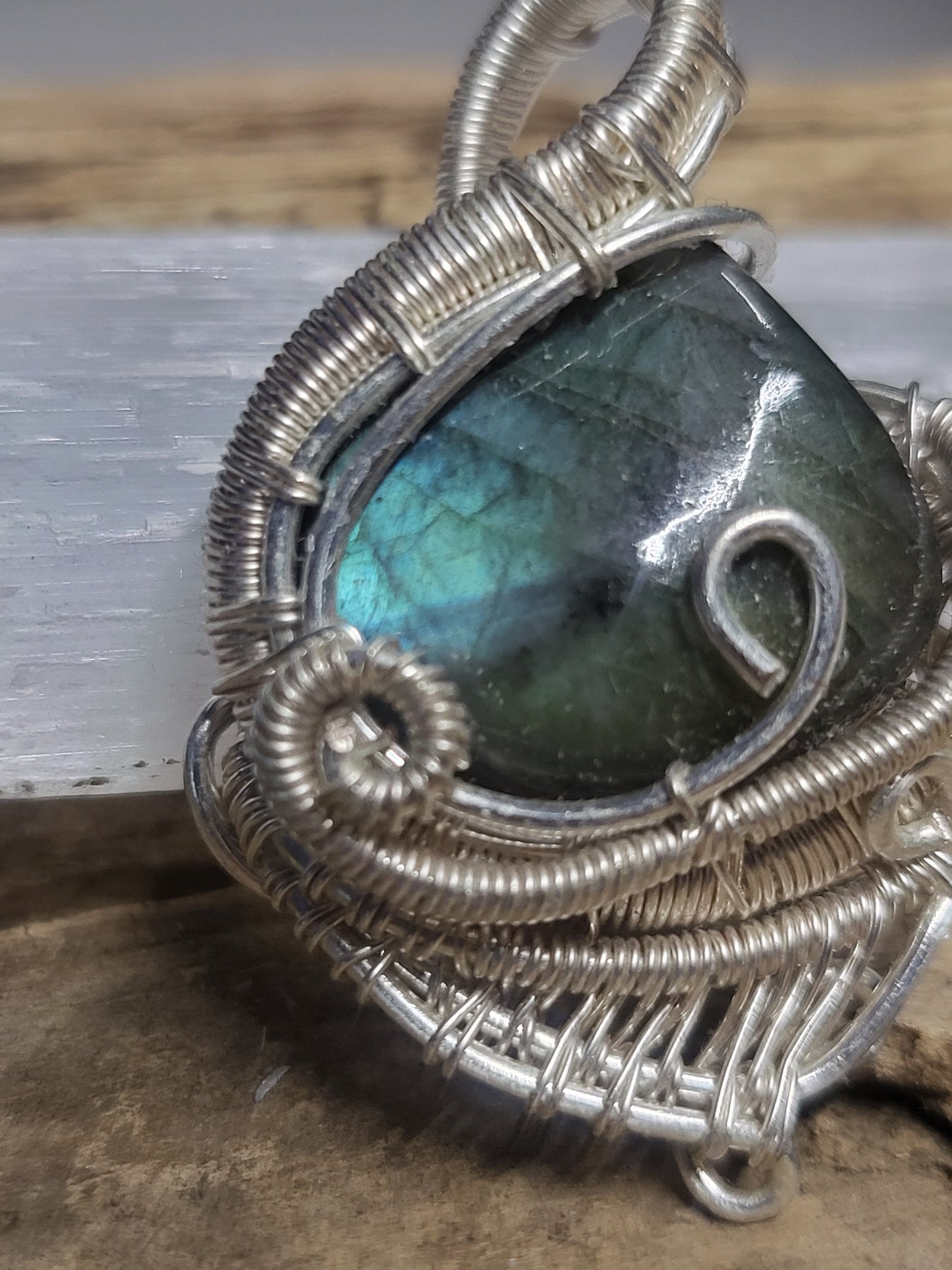 Labradorite and Silver Wire Wrapped Pendant Necklace