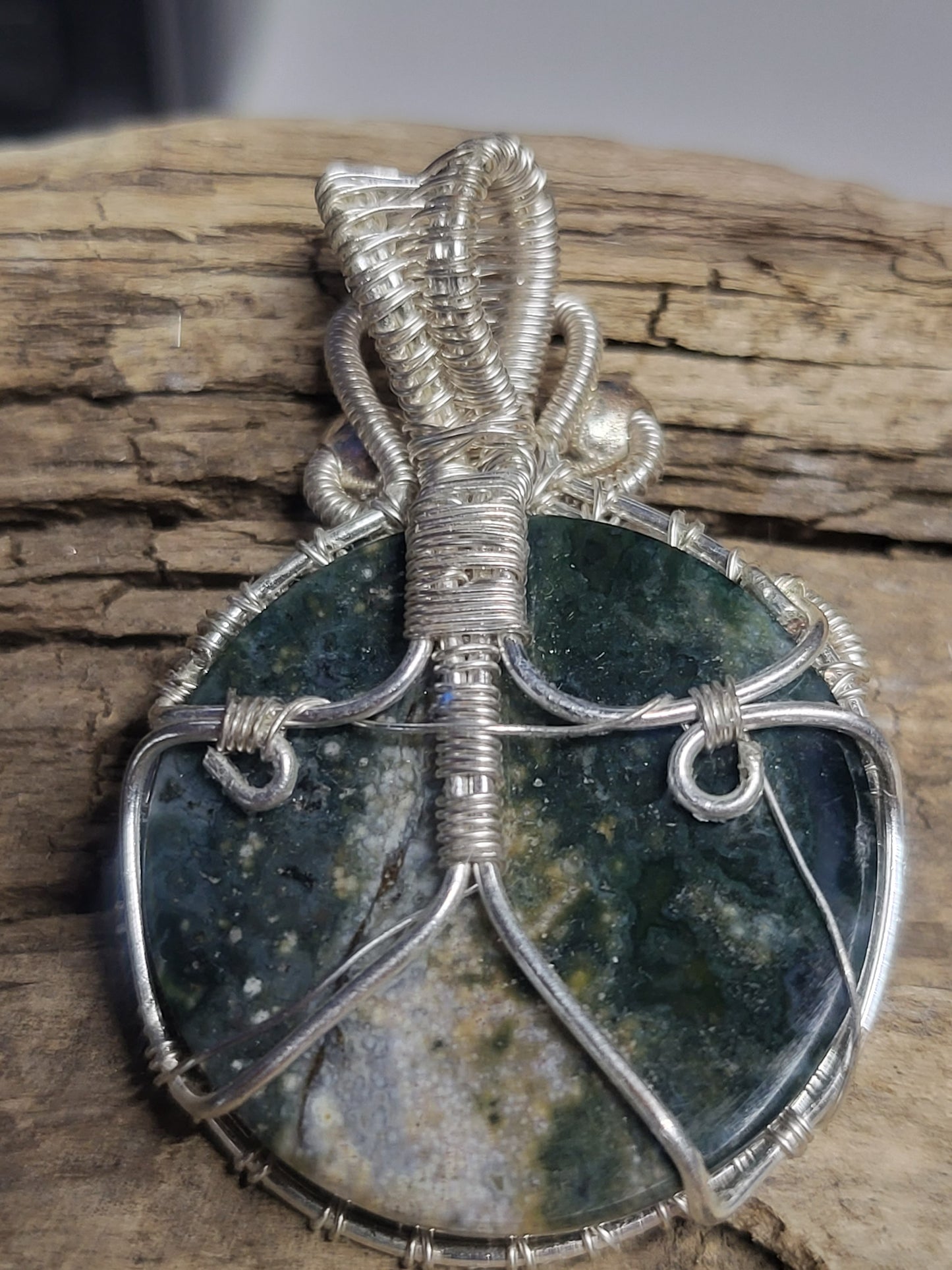 Fossilized Palm Root and Silver Wire Wrapped Necklace