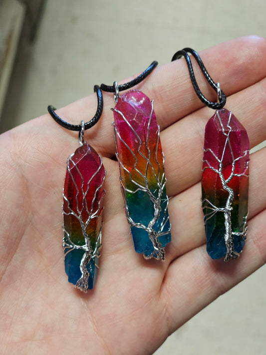 Rainbow Aura Quartz Tree of Life Wire Wrapped Necklace