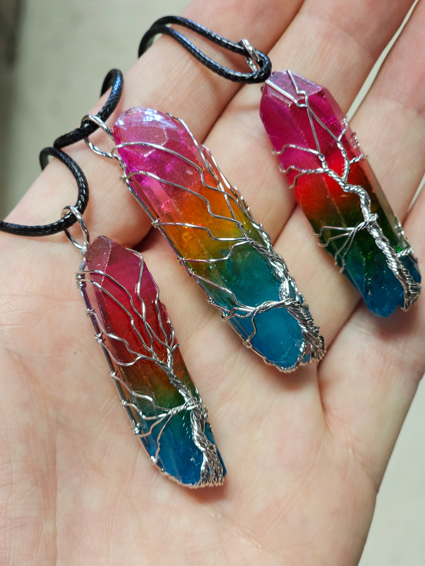 Rainbow Aura Quartz Tree of Life Wire Wrapped Necklace